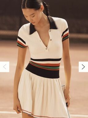 Anthropologie White Knit Mini Dress with Black, Red & Green Stripes